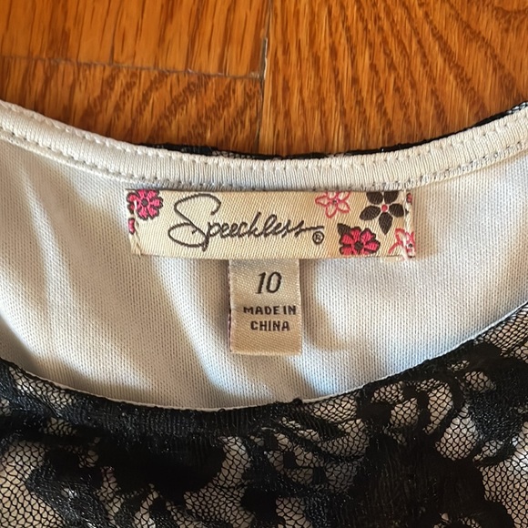 Black Dress; lace top, gems on midline, pleated chiffon skirt, bow in back (s10) - Picture 2 of 6